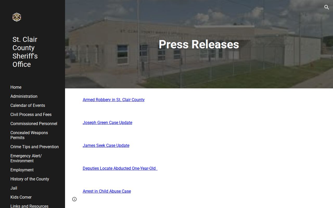St. Clair County Sheriff press release index with date-range reports