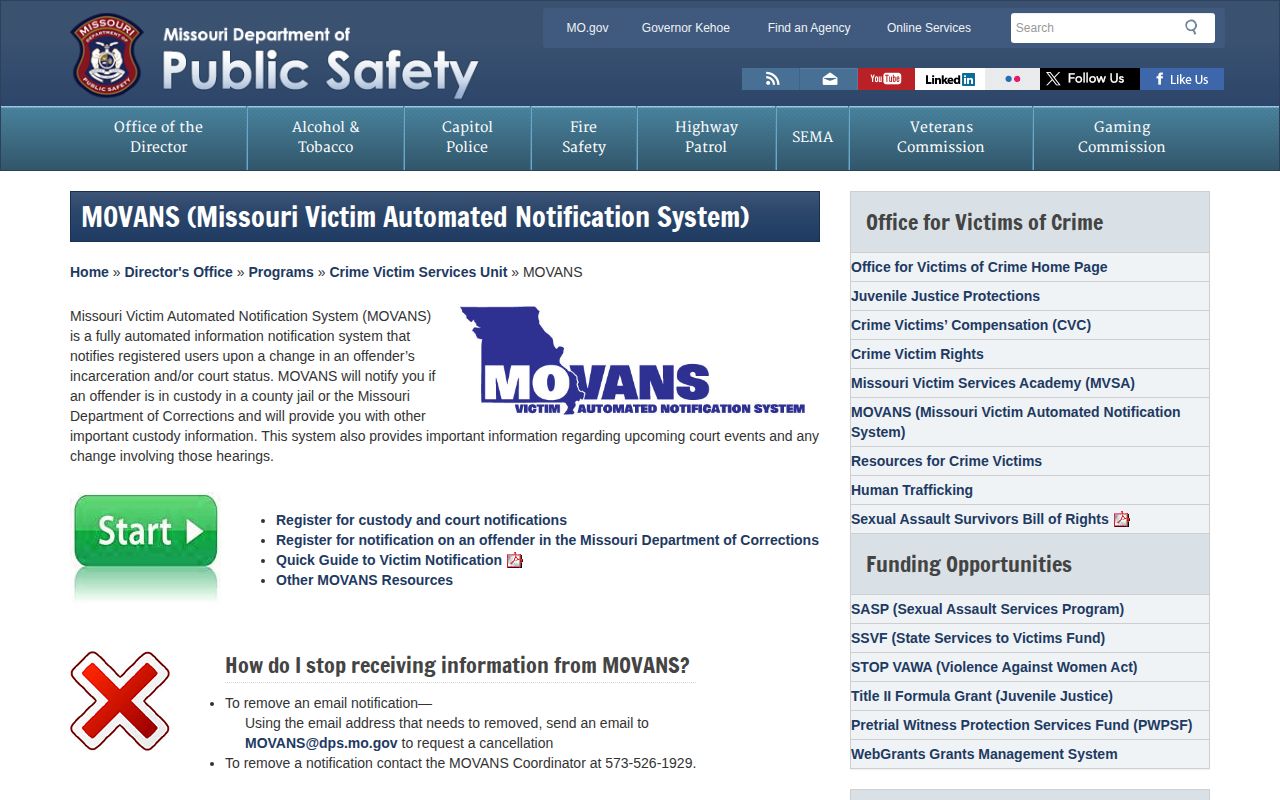 Missouri MOVANS official page explaining county jail and DOC notification scope