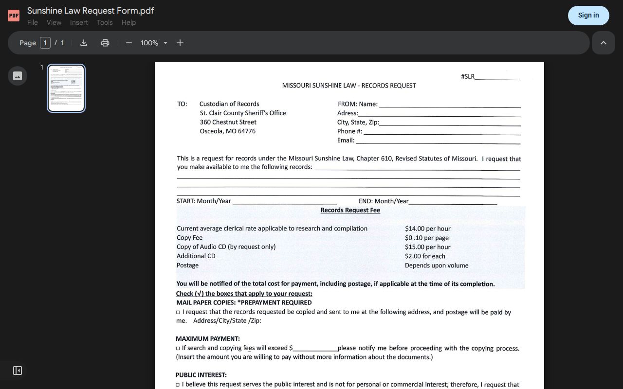 St. Clair County sheriff records request form for booking reports and photographs