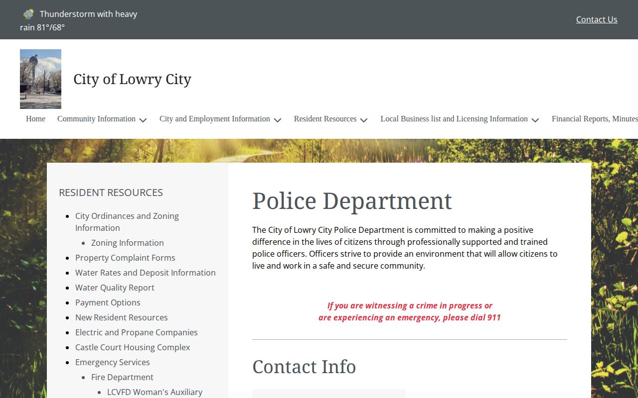 Official Lowry City Police Department webpage with department contact details
