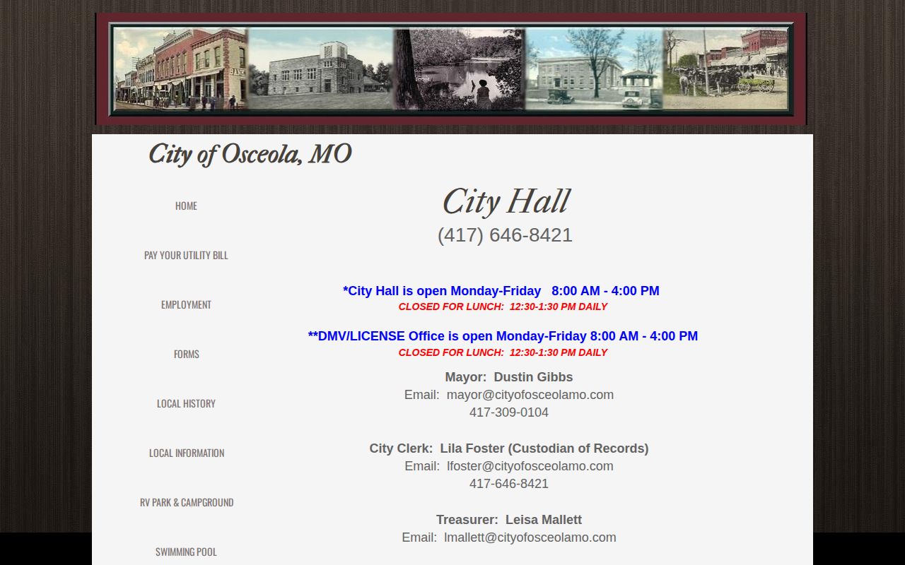 Official Osceola City Hall information page used for police and records contacts